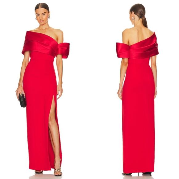 Solace London Alexis Off the Shoulder Puff Sleeve Asymmetric Red Maxi Dress Sz 2 - Picture 1 of 7